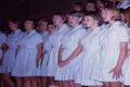 Girls' summer uniforms in their aqua and white stripes. (Choir, Open Night 1967)
